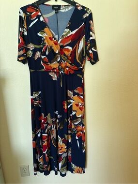 MSK Navy Midi Dress with Orange and Red Floral Print